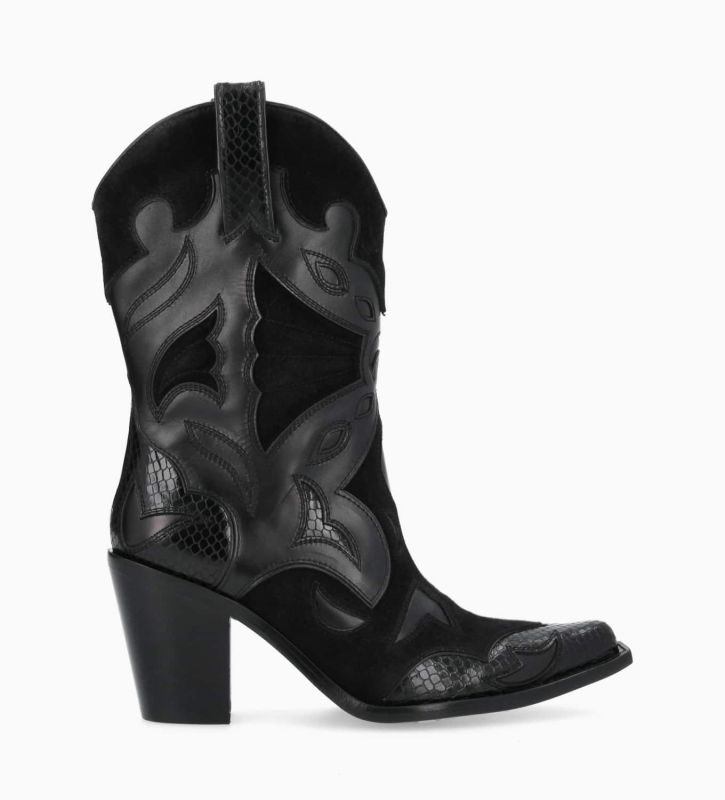 Botte western à talon Andrea 80 Cuir imprimé serpent/Velours/Cuir de veau  lisse Noir Free Lance pour femme