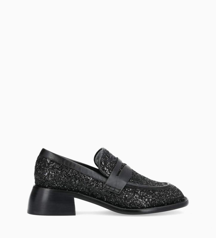free lance Anaïs 50 Mocassin à talon à bout carré Toile pailletée/Cuir de veau Onyx/Noir
