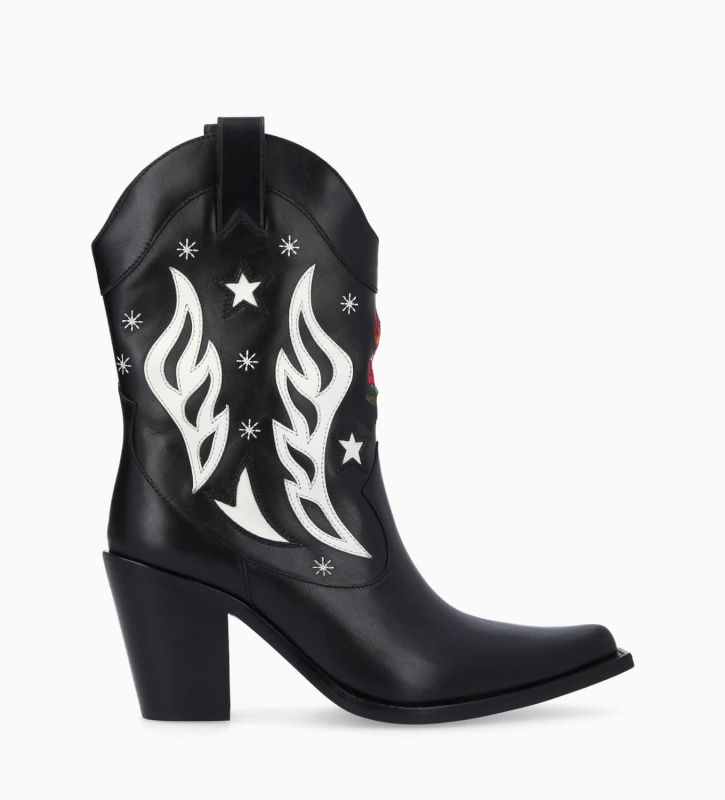 free lance Tippi 80 Bottine western à talon brodée Cuir de veau lisse brillant Noir/Beige