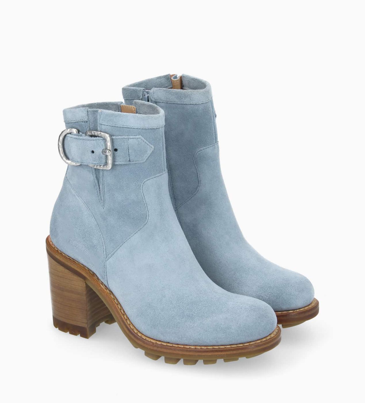 Boot biker à boucle - Justy 90 - Cuir velours - Bleu ciel