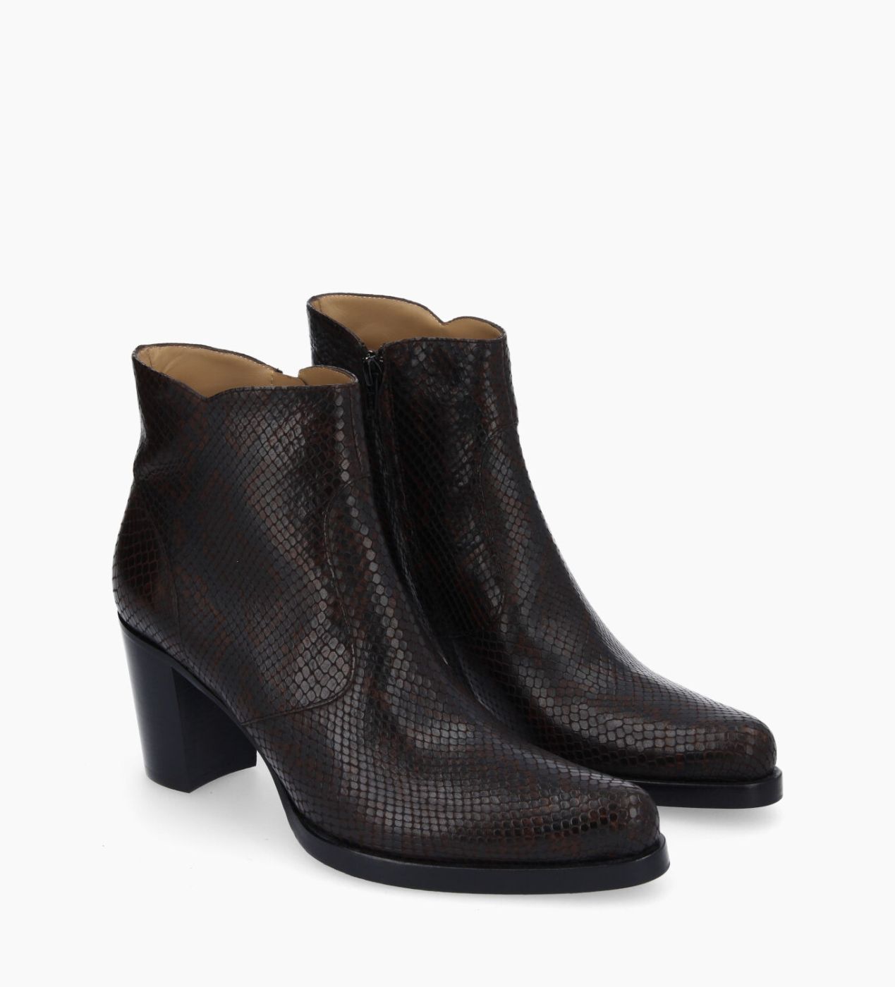 Bottine a talon a zip Paddy 70 Cuir imprime serpent Cafe Free Lance pour femme