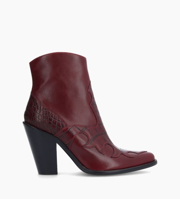 Bottine western brodée à talon - Jane 9 - Cuir de veau/Cuir imprimé crocodile - Bordeaux
