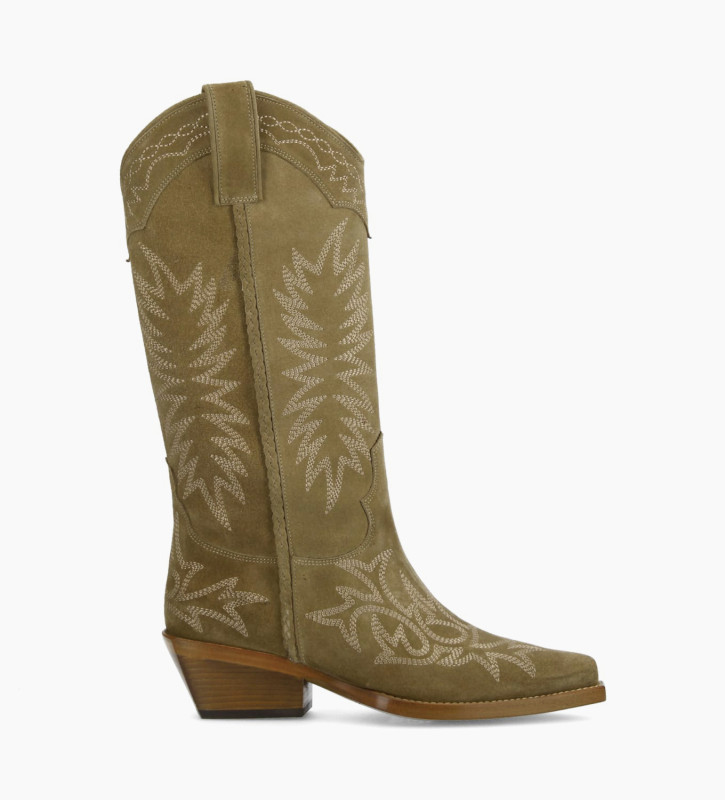 Embroidered Santiag boot CALAMITY 4 - Suede - Taupe