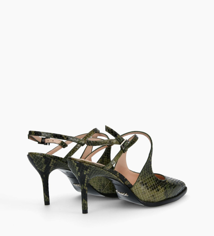 FREE LANCE Pump with crossed straps pointed toe and stiletto heel JAMIE 7 - Snake Print - Khaki